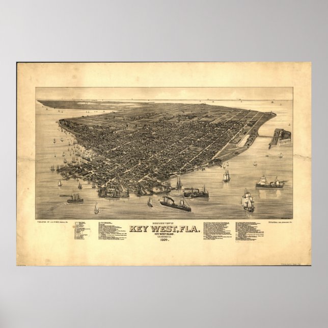 Poster Key West Florida 1884 Antique carte panoramique (Devant)
