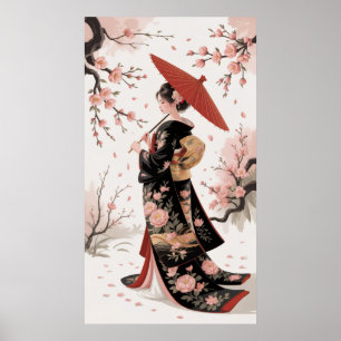 Poster Kimono et fleurs de cerisiers
