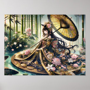 Poster Kimono Floral Majestueux Sous La Canopée De Bambou