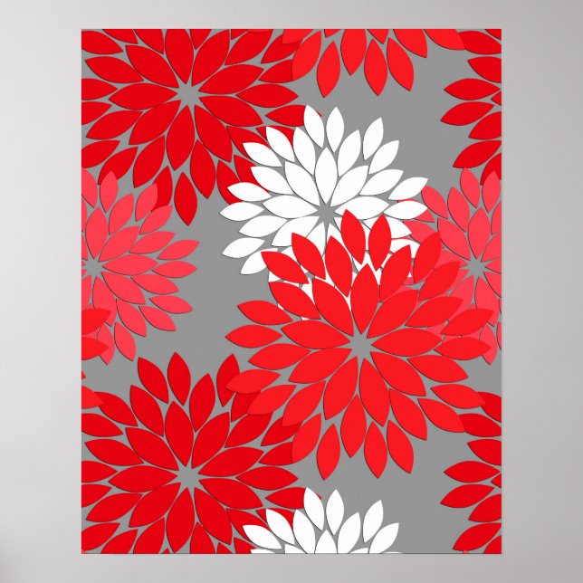 Poster Kimono floral moderne Imprimer, Coral rouge et gri (Devant)