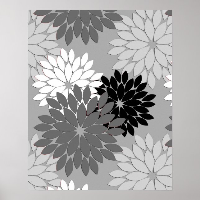 Poster Kimono floral moderne Imprimer, gris, noir et blan (Devant)
