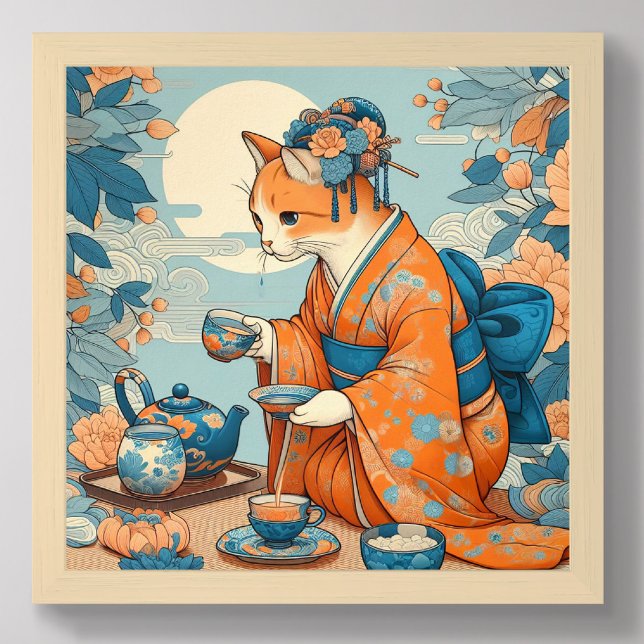 Poster Kimono Kitty Thé Japonais Orange Bleu (Créateur téléchargé)