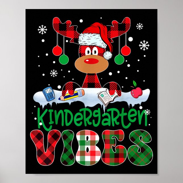 Poster Kindergarten Vibes Teacher Buffalo Plaid Reindeer  (Devant)