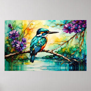 Poster Kingfisher perché au-dessus des Fleurs sauvages d'