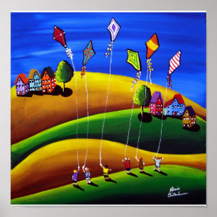 Poster Kite Flyers Folk Art Whimsical Canvas Imprimer