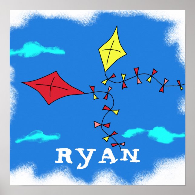 Poster Kite Yellow Red Sky Cloud Drawing Kid`s Name (Devant)