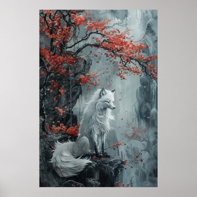Poster  Kitsune Spirit – Japanese Fox in Blossom Forest (Devant)