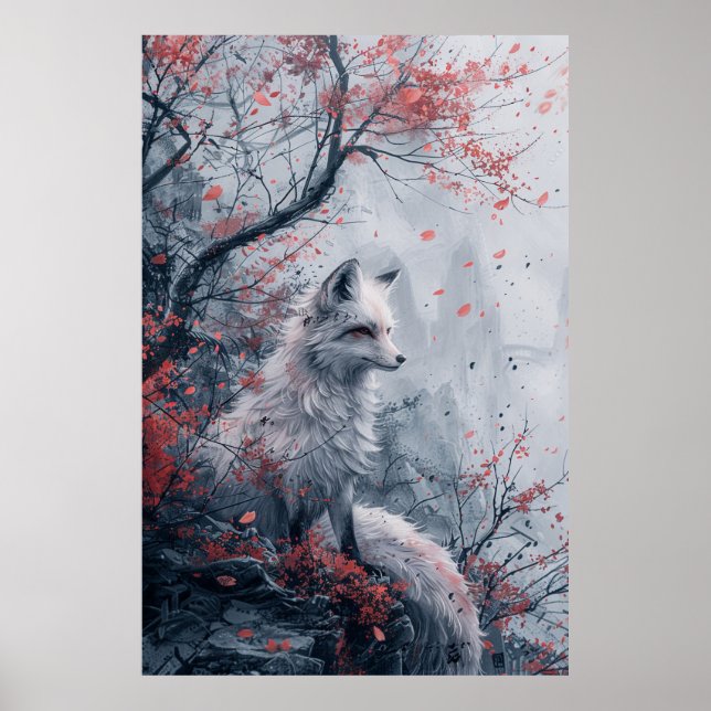 Poster  Kitsune Spirit – Japanese Fox in Blossom Forest (Devant)