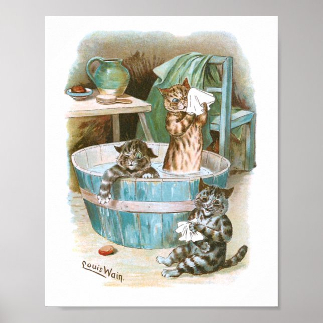 Poster Kitten Bath par Louis Wain (Devant)