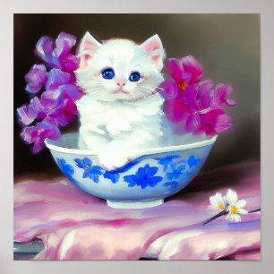 Poster Kitten blanc vintage aux fleurs roses