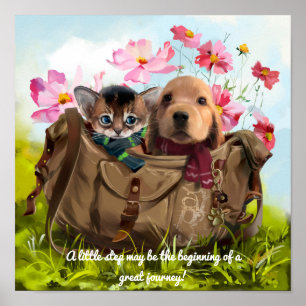 Poster Kitten et chiot voyagent dans un sac