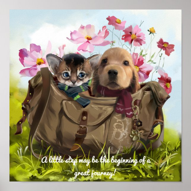 Poster Kitten et chiot voyagent dans un sac (Devant)