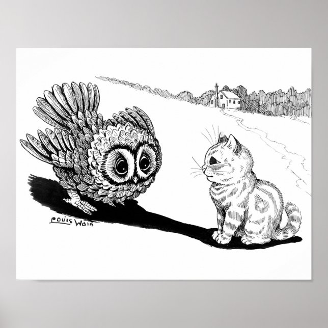 Poster Kitten et Owl, Louis Wain (Devant)