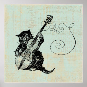 Poster Kitten Jouer Violon Musique Turquoise Cat Illustra