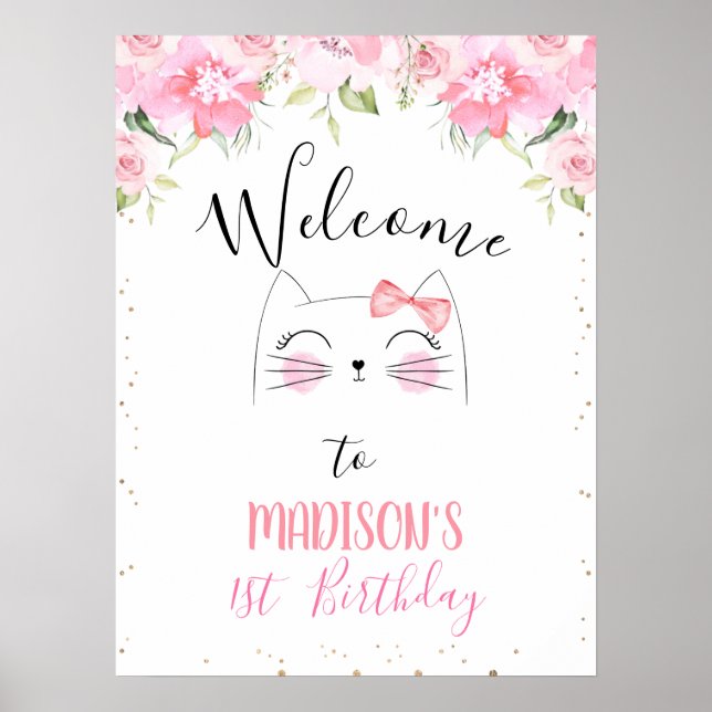 Poster Kitten rose Floral Visage et Bow Anniversaire Bien (Devant)
