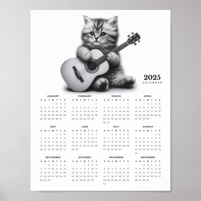 Poster Kitten tenant la guitare acoustique 2025 Calendrie (Devant)