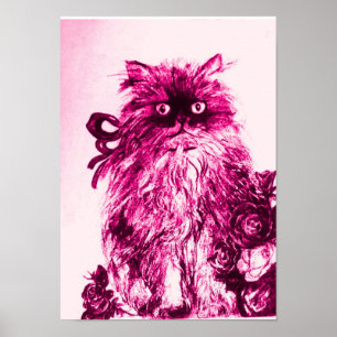 Poster KITTEN WITH ROSES ,Pink Fuchsia White