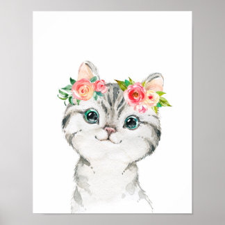Poster Kitten with Watercolor Flowers Art Print