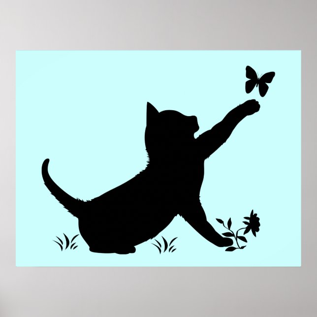 Poster Kitties Jouer avec des papillons en silhouettes (Devant)