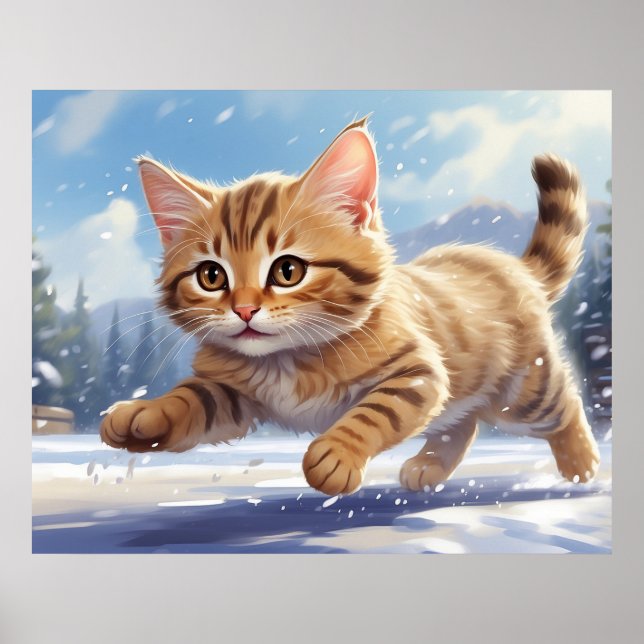 Poster *~* Kitty 5:4 Kitten Chat couchant NEIGE AP68 (Devant)