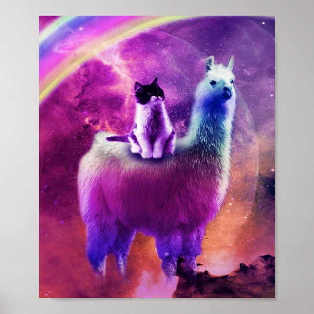 Poster Kitty Chat Riding Sur Rainbow Llama Dans L'Espace (Devant)