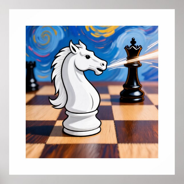 Poster Knight Fork Chess Art - Queen Under Attack (Devant)