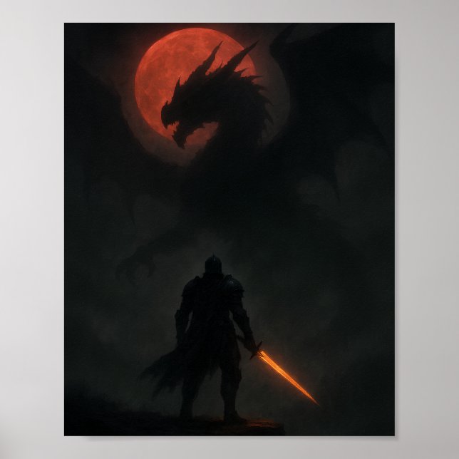 Poster Knight vs Dragon Under the Blood Moon Fantasy Post (Devant)