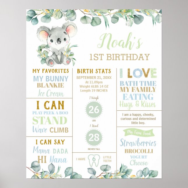 Poster Koala 1er anniversaire Naissance Statistiques Euca (Devant)