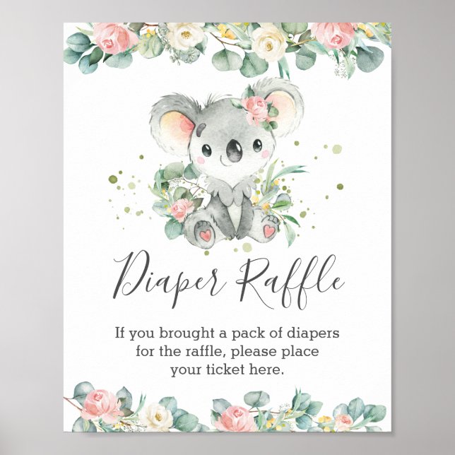 Poster Koala Floral Baby shower de verdure Déchets Raffle (Devant)
