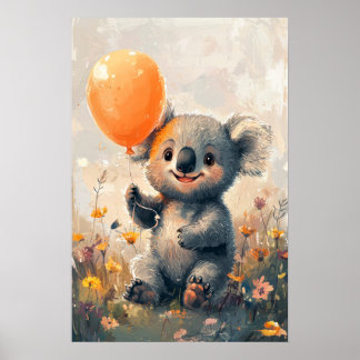 Poster Koala Whimsical avec ballon orange dans Meadow Dig