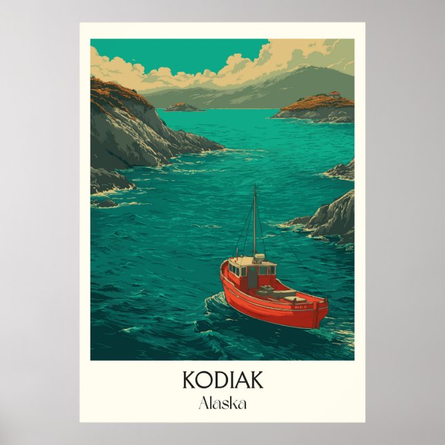 Poster Kodiak Alaska Coastal Town Red Boat (Devant)