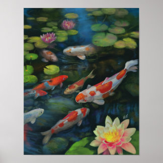 Poster Koi Poisson Natation Lotus Fleur Étang Zen Peintur
