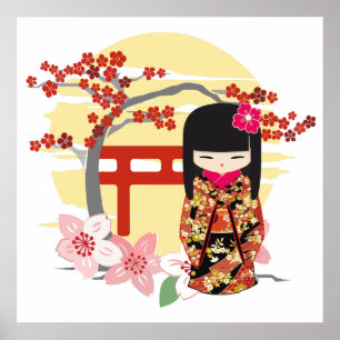 Poster Kokeshi Doll Floral Kimono