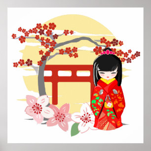 Poster Kokeshi Doll Red Kimono