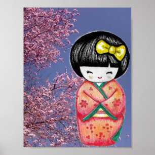 Poster Kokeshi Doll Sakura Cherry Blossoms Imprimer Poste