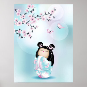 Poster Kokeshi Poupée Cerisier Fleurs Turquoise Filles