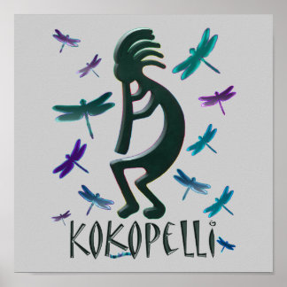 Poster Kokopelli avec libellules