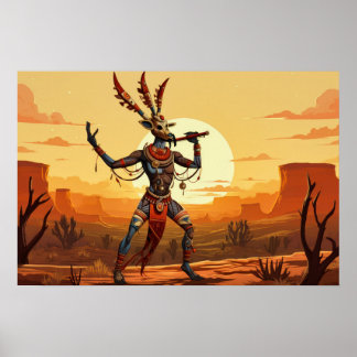 Poster Kokopelli Dansant Flute Sur Le Plateau Du Désert