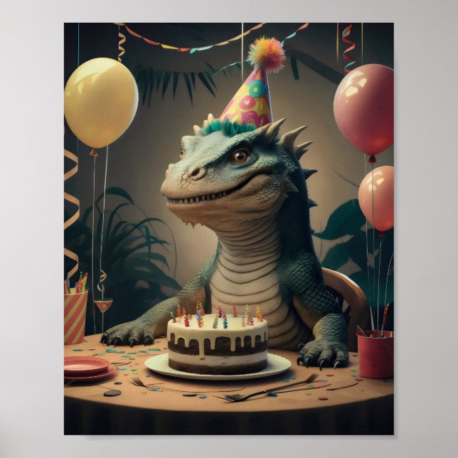 Poster Komodo Dragon assis à table avec un gâteau d'anniv (Devant)