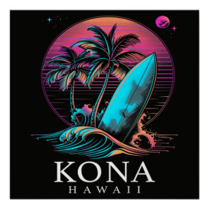 Poster Kona Hawaï Planche de Surf Hawaïenne Vintage