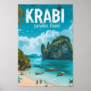 Poster Krabi Thaïlande Illustration de voyage d'art Vinta