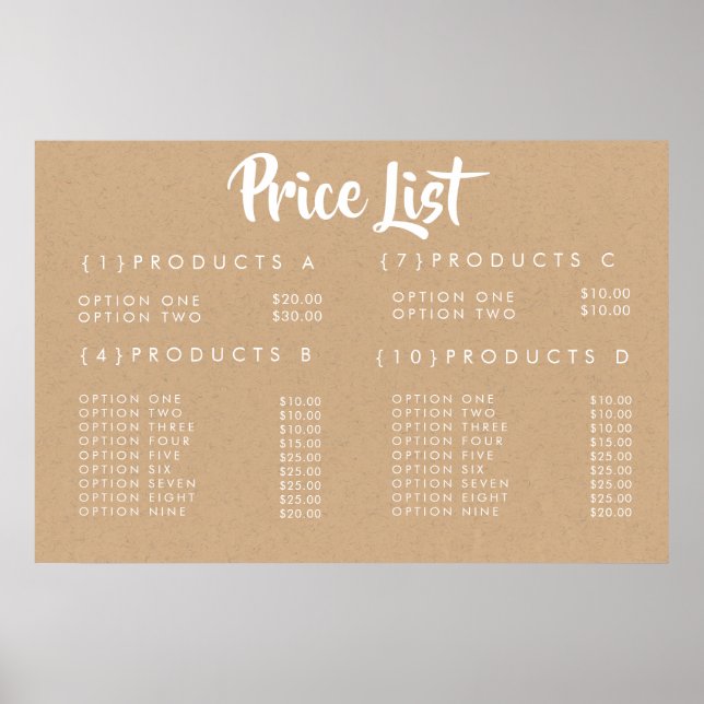 Poster KRAFT Service Price Menu Custom Prinster (Devant)
