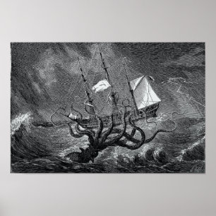Poster Kraken Attacking Ship vintage etching