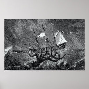 Poster Kraken Attacking Ship vintage etching