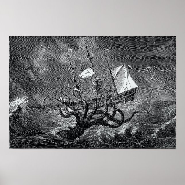 Poster Kraken Attaquer Navire vintage (Devant)
