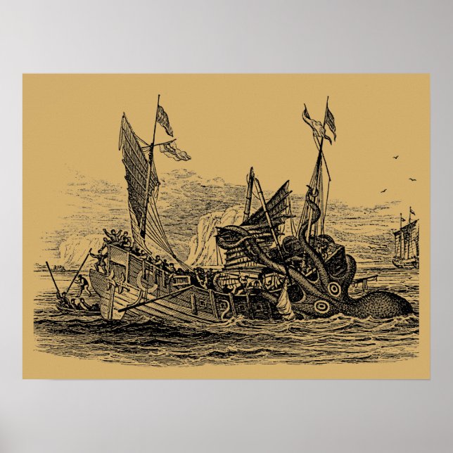 Poster Kraken Attaques Navire Steampunk Vintage (Devant)