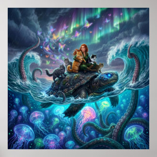 Poster Kraken et la Tortue du Monde — Fantastique Art Fan