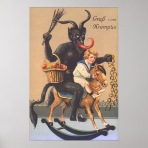 Poster Krampus montant un cheval de bois avec un garçon