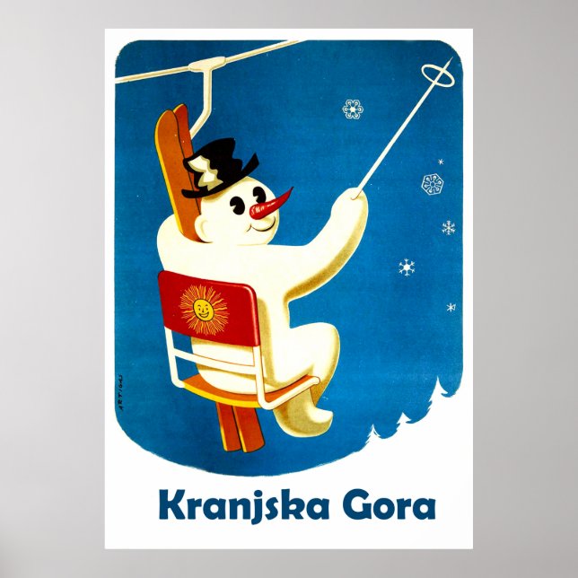 Poster Kranjska Gora, Slovénie, Snowman sur Ski Lift (Devant)