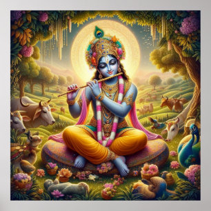 Poster Krishna Art de la Flûte Dorée Divine